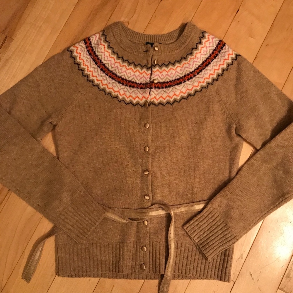 J Crew Fair Isle wool cardigan with waist tie